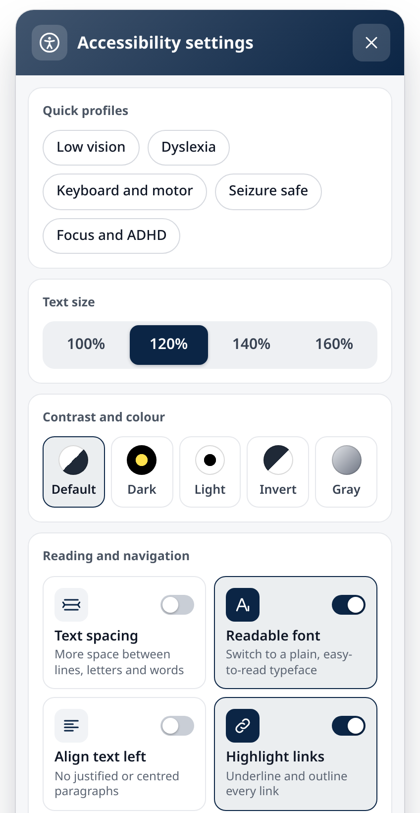 The SentraCheck accessibility settings panel: quick profiles, a text size control set to 120%, contrast options, and switches for text spacing, readable font and highlighted links.