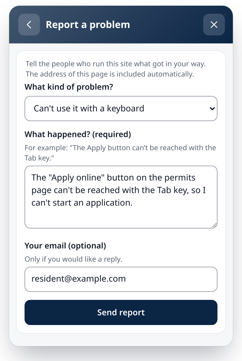 The Report a problem form in the panel: category set to Can't use it with a keyboard, a description saying the Apply online button can't be reached with the Tab key, an optional email, and a Send report button.